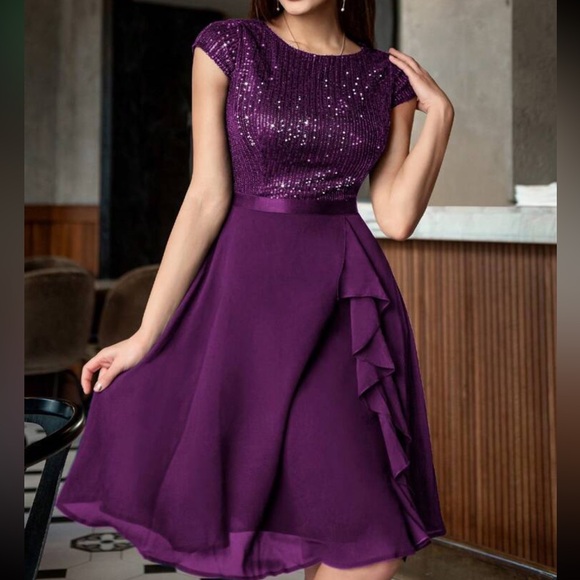 18045 Purple-Plum Sequins Top Chiffon Skirt Dress
